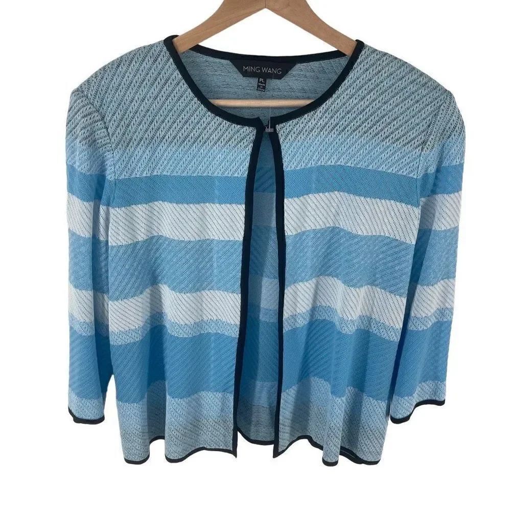 Ming Wang Women's Cardigan Sweater Hook Stripes Open 3/4 Sleeve Blue Size PL